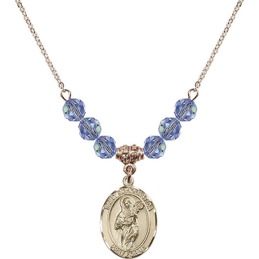 14kt Gold Filled Saint Scholastica Birthstone Necklace with Light Sapphire Beads - 8099