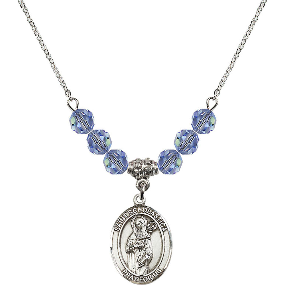 Sterling Silver Saint Scholastica Birthstone Necklace with Light Sapphire Beads - 8099