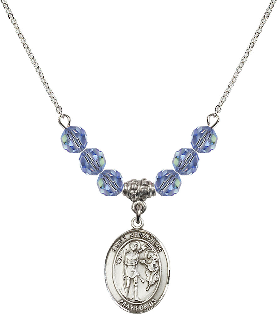 Sterling Silver Saint Sebastian Birthstone Necklace with Light Sapphire Beads - 8100