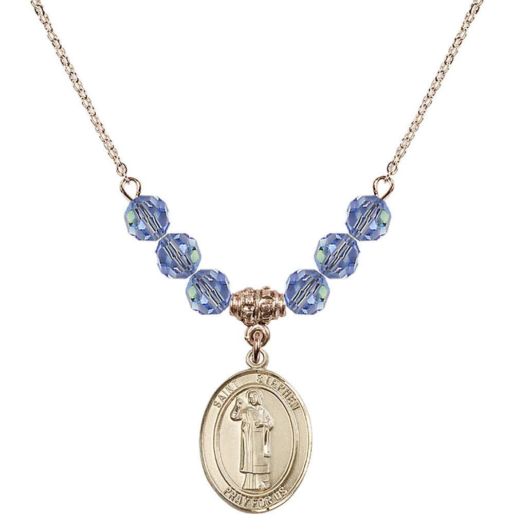 14kt Gold Filled Saint Stephen the Martyr Birthstone Necklace with Light Sapphire Beads - 8104