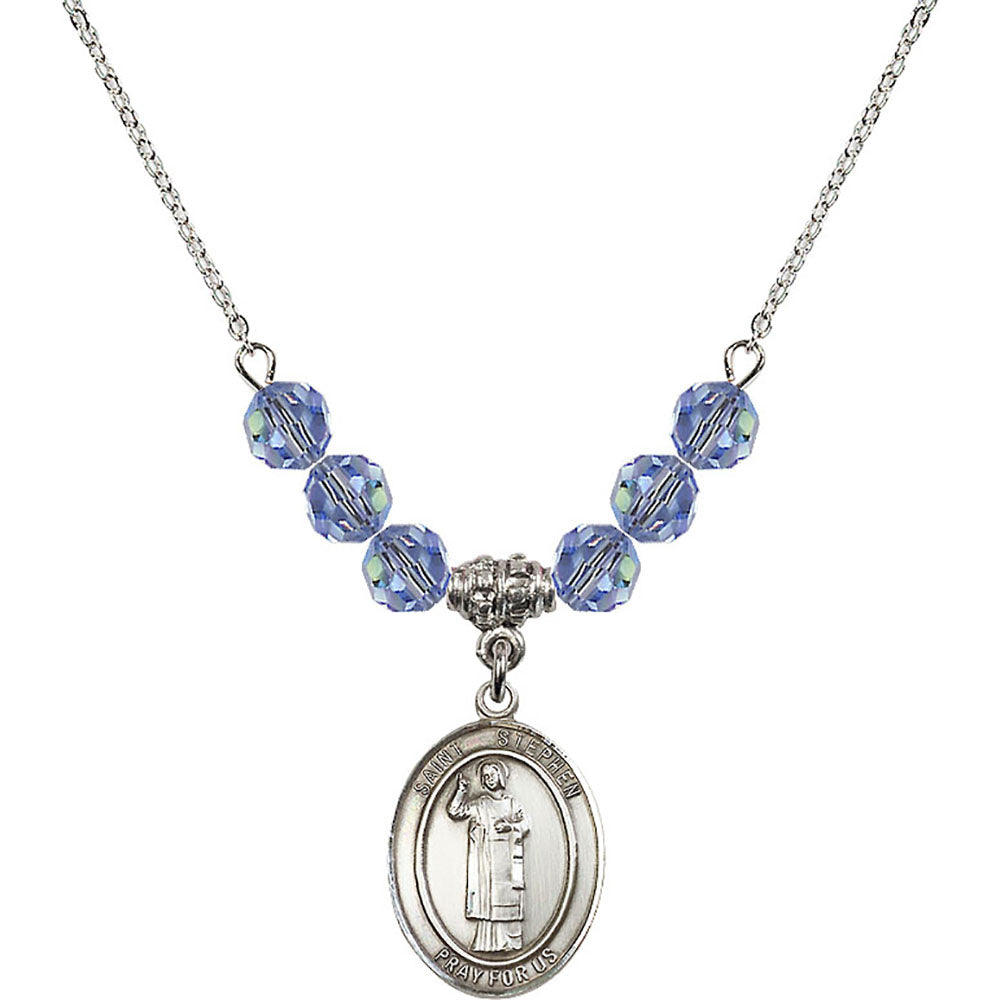 Sterling Silver Saint Stephen the Martyr Birthstone Necklace with Light Sapphire Beads - 8104