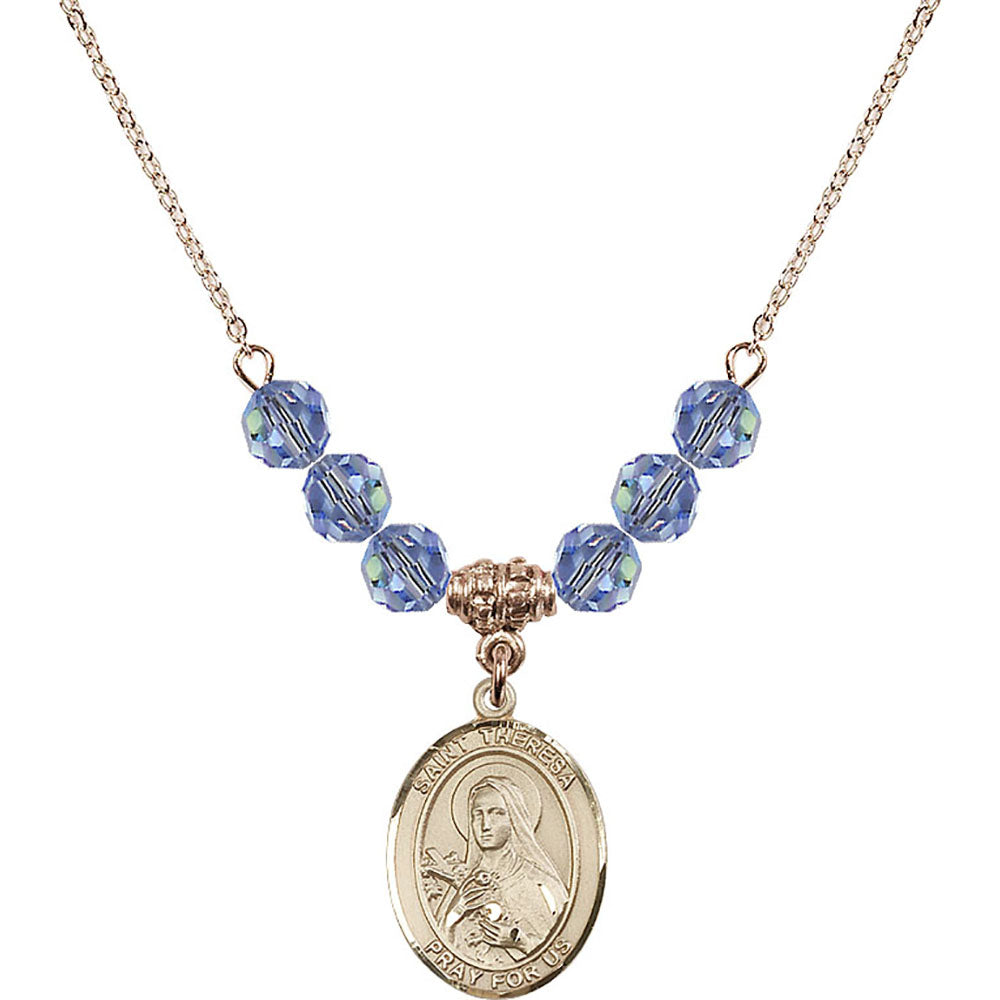 14kt Gold Filled Saint Theresa Birthstone Necklace with Light Sapphire Beads - 8106