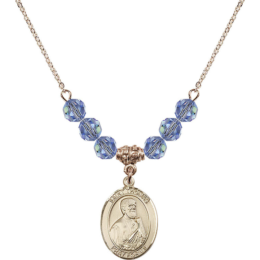 14kt Gold Filled Saint Thomas the Apostle Birthstone Necklace with Light Sapphire Beads - 8107