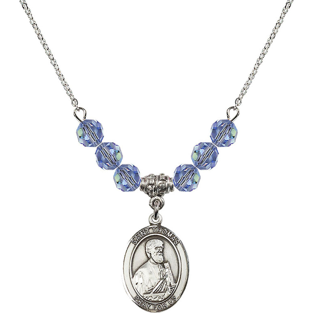 Sterling Silver Saint Thomas the Apostle Birthstone Necklace with Light Sapphire Beads - 8107