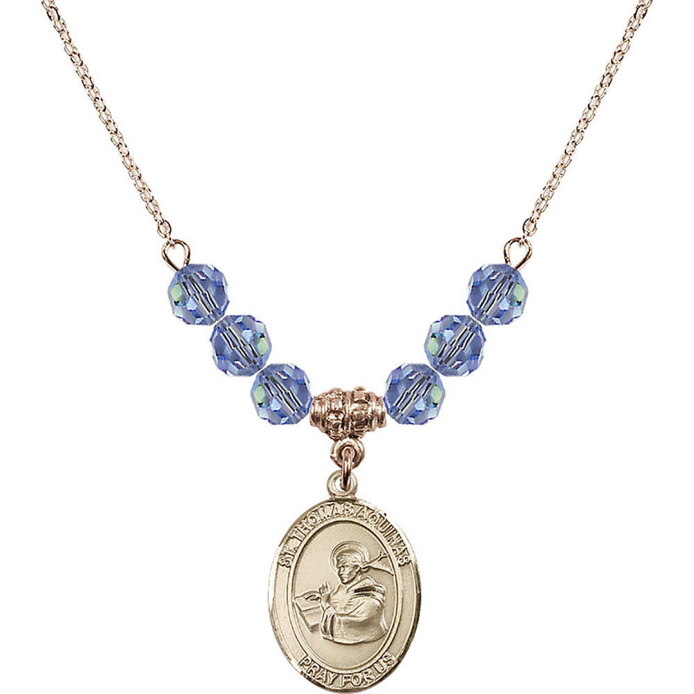14kt Gold Filled Saint Thomas Aquinas Birthstone Necklace with Light Sapphire Beads - 8108