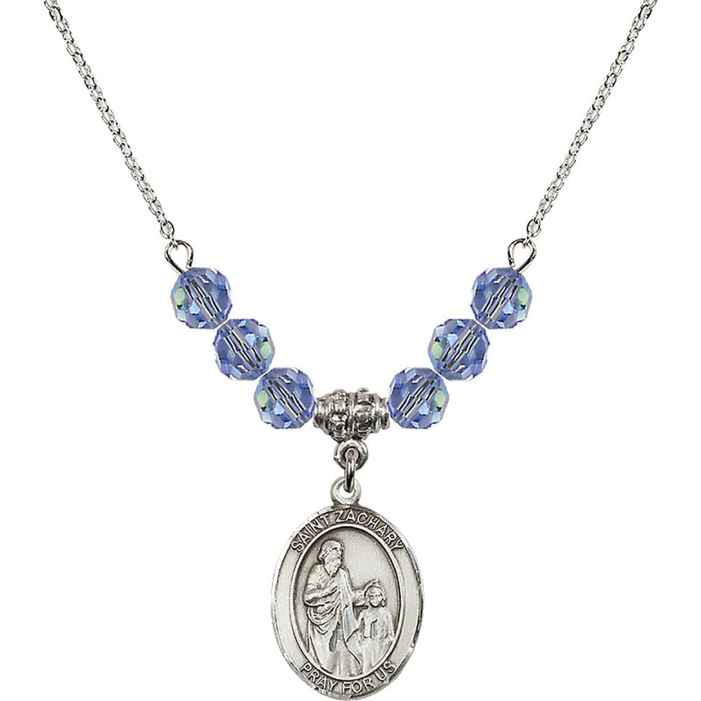 Sterling Silver Saint Zachary Birthstone Necklace with Light Sapphire Beads - 8116