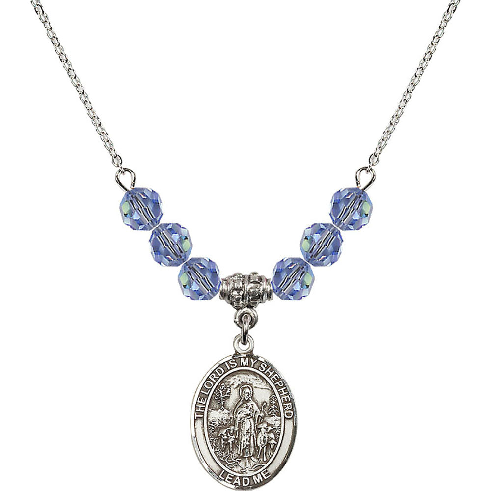 Sterling Silver Lord Is My Shepherd Birthstone Necklace with Light Sapphire Beads - 8119
