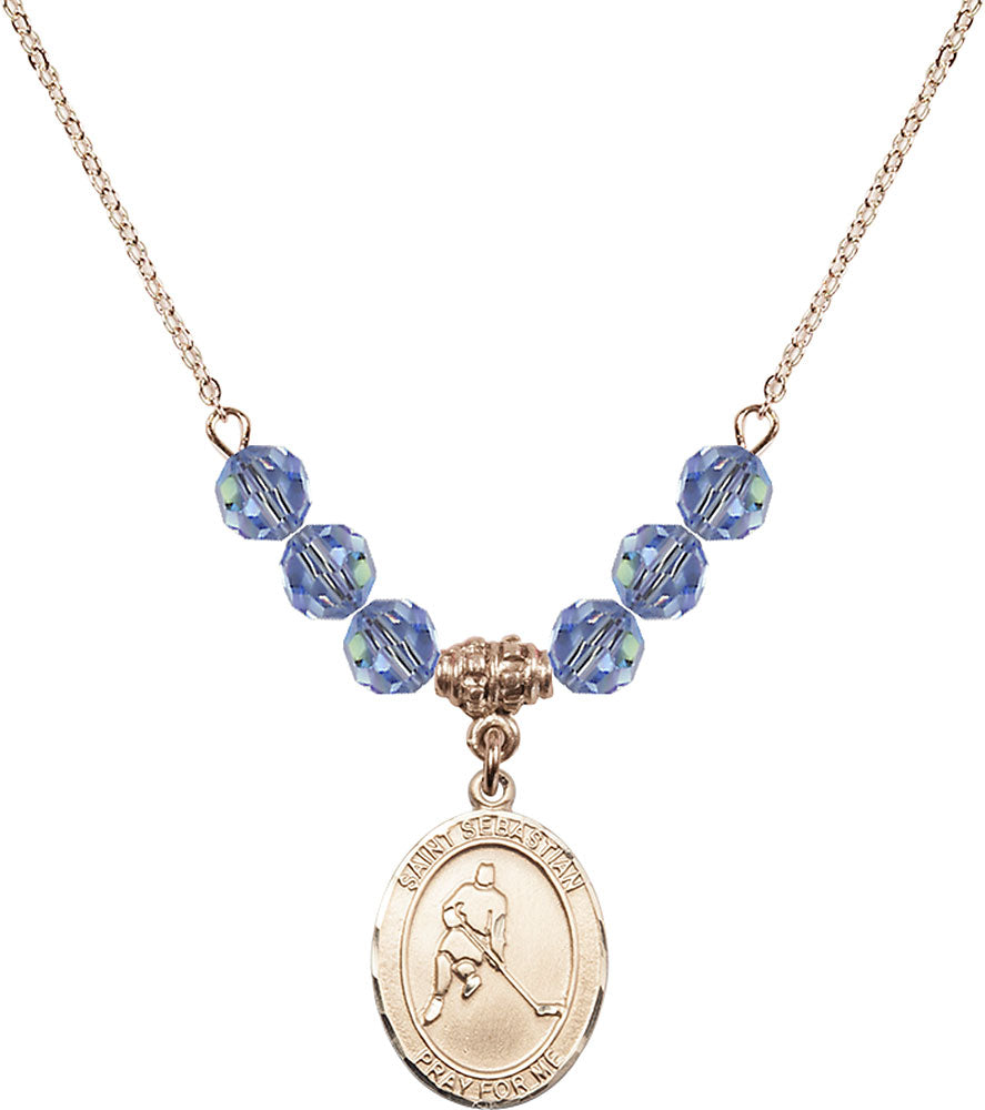 14kt Gold Filled Saint Sebastian/Ice Hockey Birthstone Necklace with Light Sapphire Beads - 8165