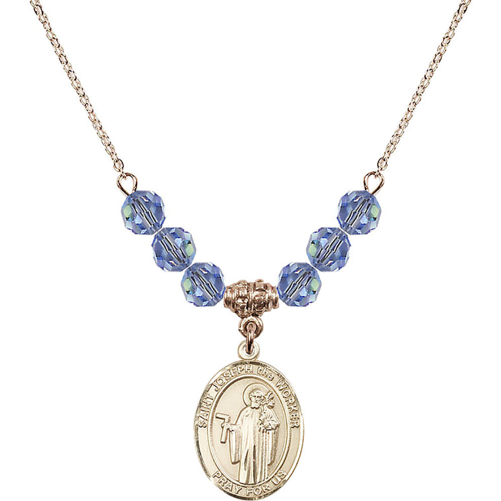 14kt Gold Filled Saint Joseph the Worker Birthstone Necklace with Light Sapphire Beads - 8220