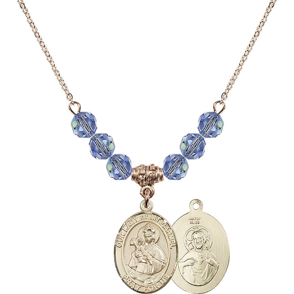 14kt Gold Filled Our Lady of Mount Carmel Birthstone Necklace with Light Sapphire Beads - 8243