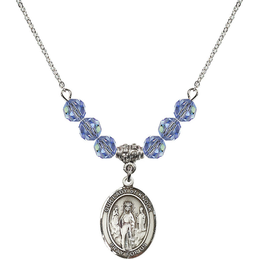 Sterling Silver Our Lady of Knock Birthstone Necklace with Light Sapphire Beads - 8246