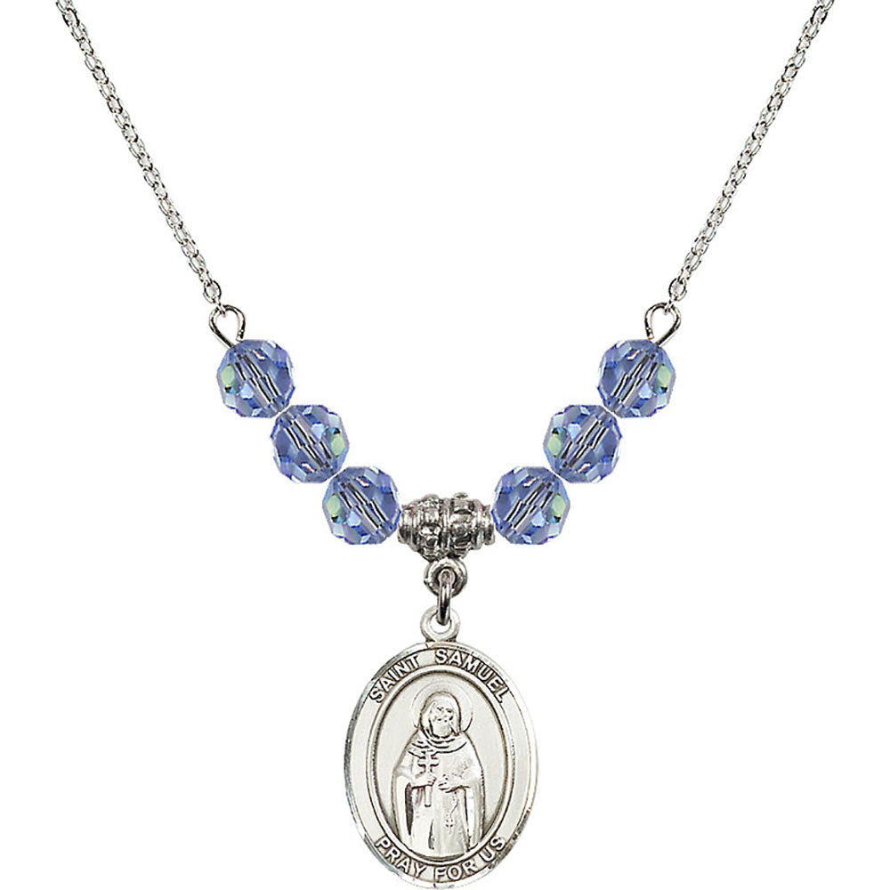 Sterling Silver Saint Samuel Birthstone Necklace with Light Sapphire Beads - 8259