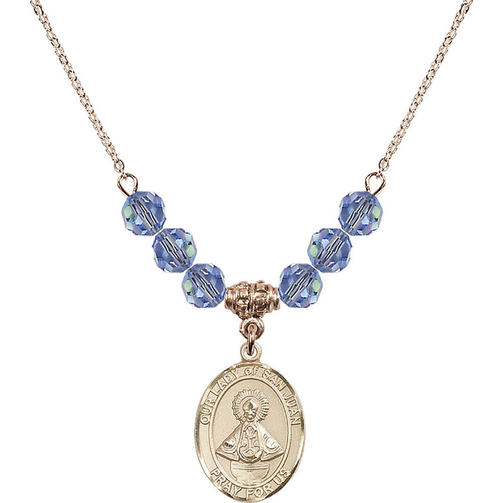 14kt Gold Filled Our Lady of San Juan Birthstone Necklace with Light Sapphire Beads - 8263