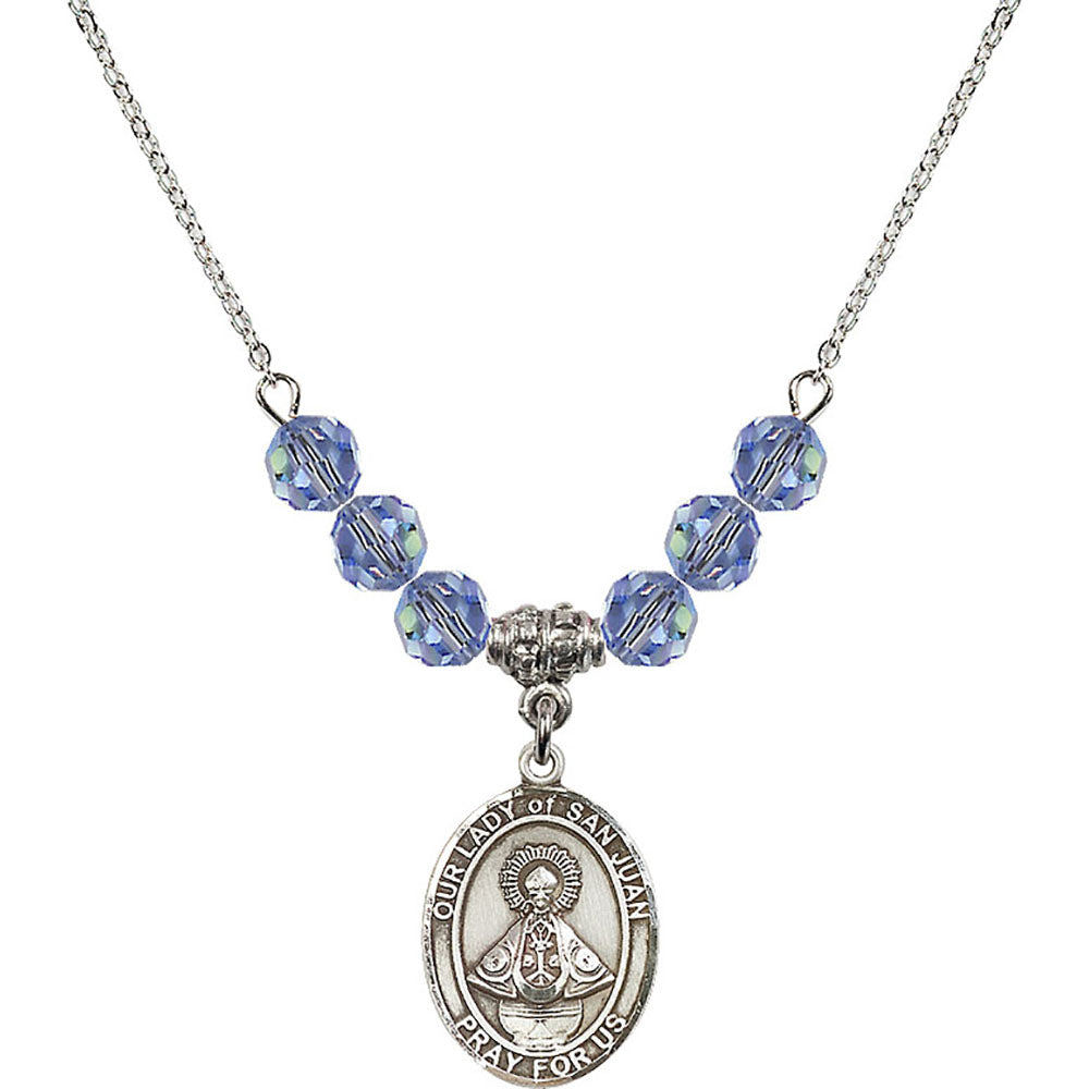 Sterling Silver Our Lady of San Juan Birthstone Necklace with Light Sapphire Beads - 8263
