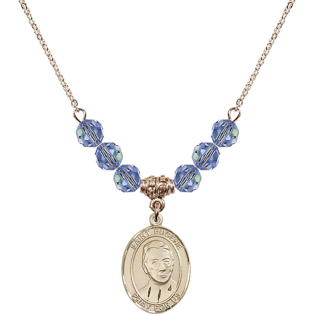 14kt Gold Filled Saint Eugene de Mazenod Birthstone Necklace with Light Sapphire Beads - 8266