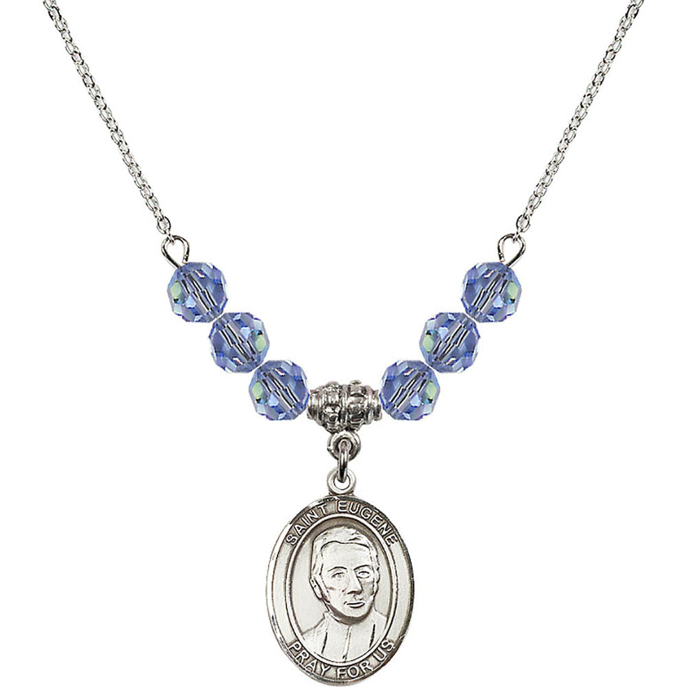 Sterling Silver Saint Eugene de Mazenod Birthstone Necklace with Light Sapphire Beads - 8266
