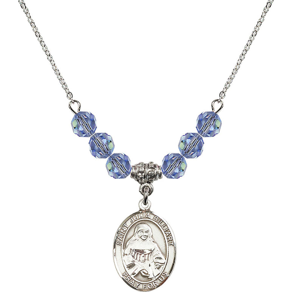 Sterling Silver Saint Julia Billiart Birthstone Necklace with Light Sapphire Beads - 8267