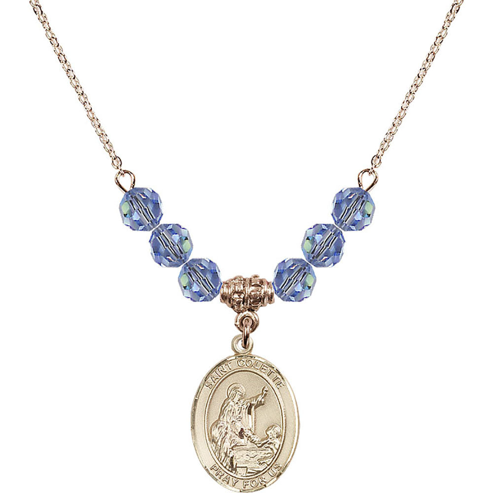 14kt Gold Filled Saint Colette Birthstone Necklace with Light Sapphire Beads - 8268