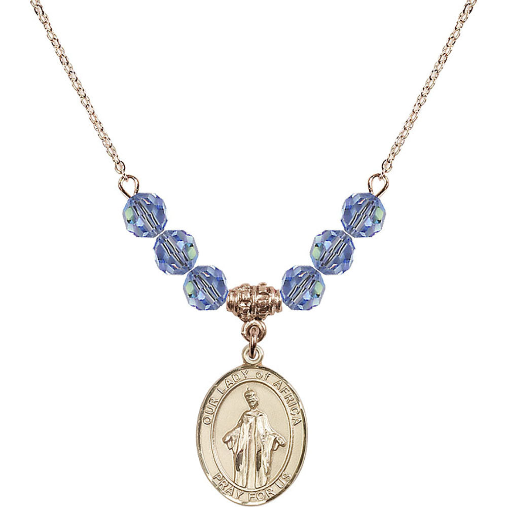 14kt Gold Filled Our Lady of Africa Birthstone Necklace with Light Sapphire Beads - 8269