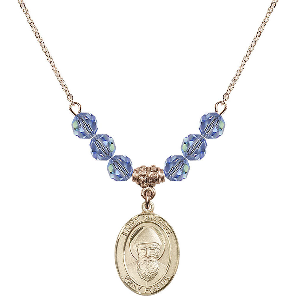 14kt Gold Filled Saint Sharbel Birthstone Necklace with Light Sapphire Beads - 8271