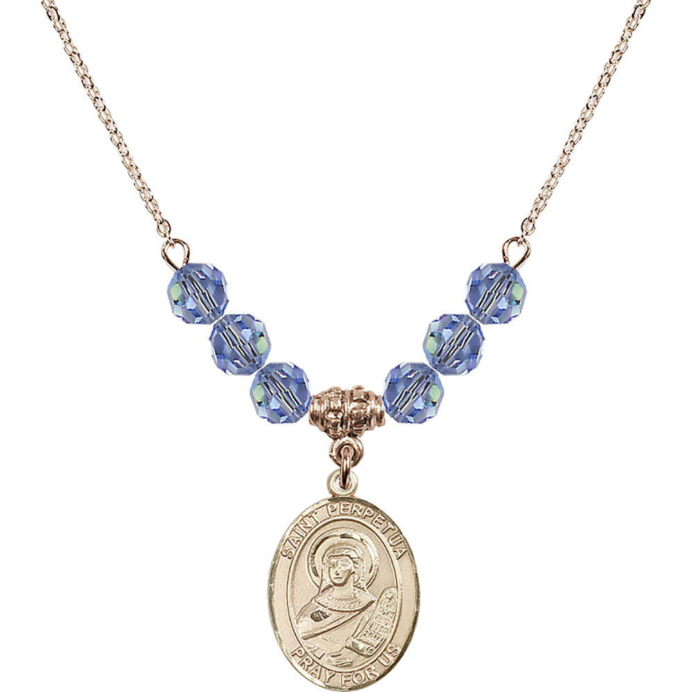 14kt Gold Filled Saint Perpetua Birthstone Necklace with Light Sapphire Beads - 8272