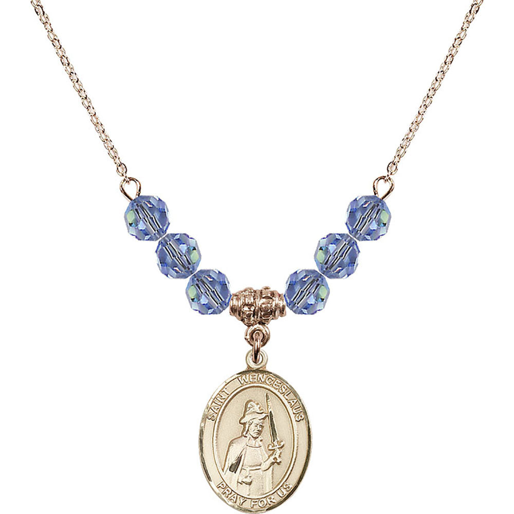 14kt Gold Filled Saint Wenceslaus Birthstone Necklace with Light Sapphire Beads - 8273