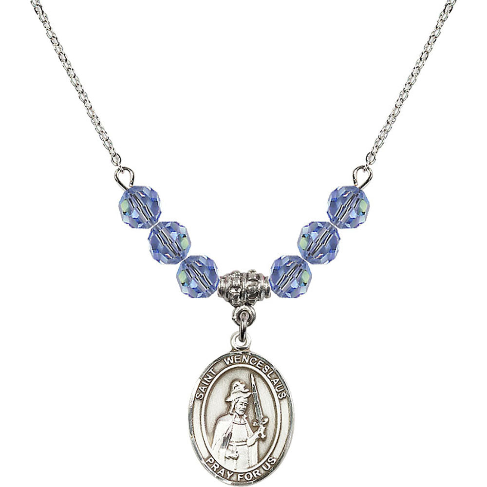 Sterling Silver Saint Wenceslaus Birthstone Necklace with Light Sapphire Beads - 8273