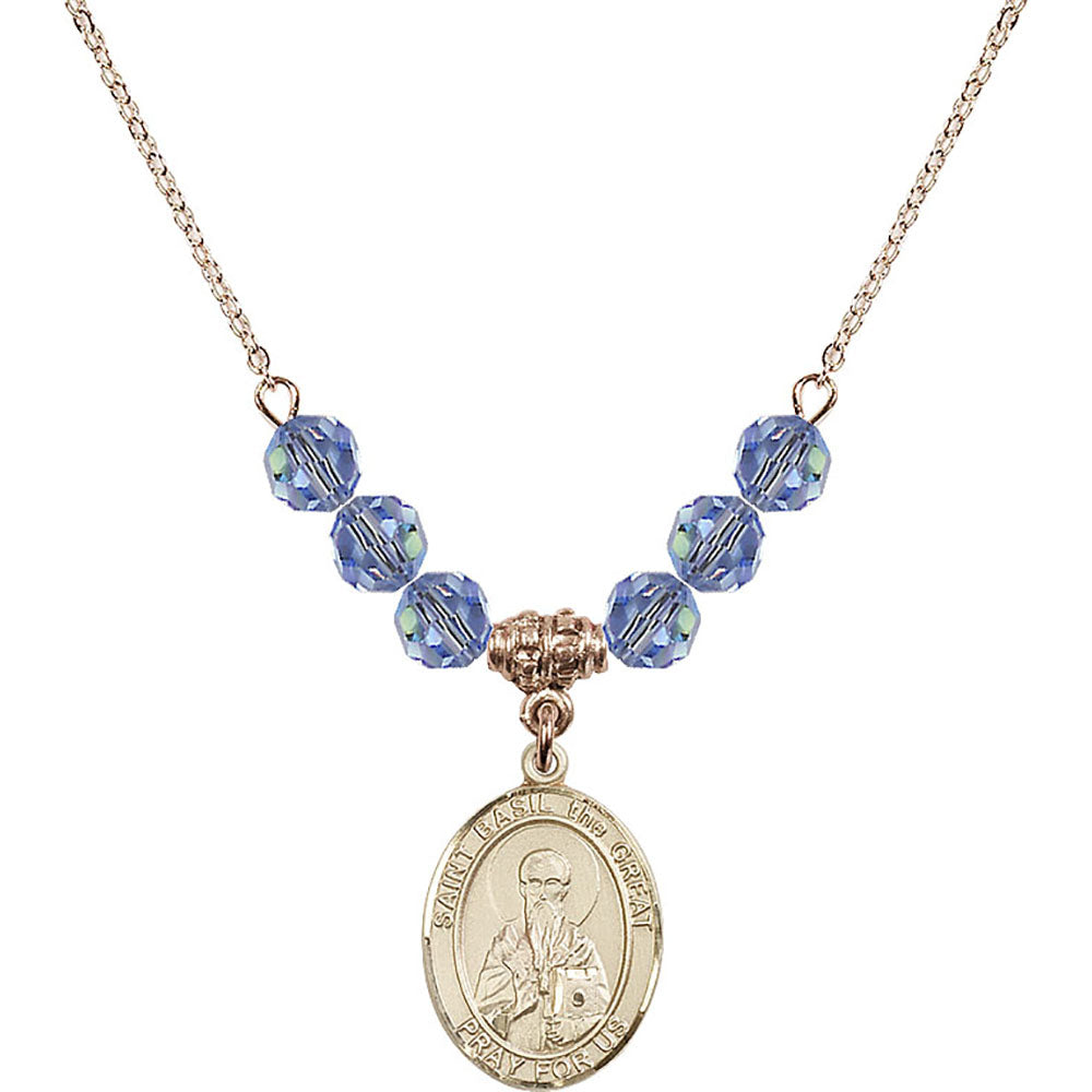 14kt Gold Filled Saint Basil the Great Birthstone Necklace with Light Sapphire Beads - 8275