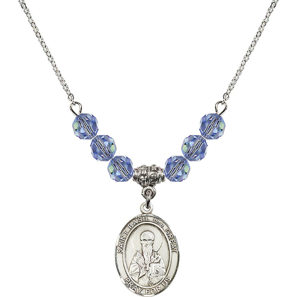Sterling Silver Saint Basil the Great Birthstone Necklace with Light Sapphire Beads - 8275