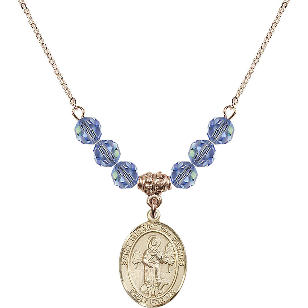 14kt Gold Filled Saint Isidore the Farmer Birthstone Necklace with Light Sapphire Beads - 8276