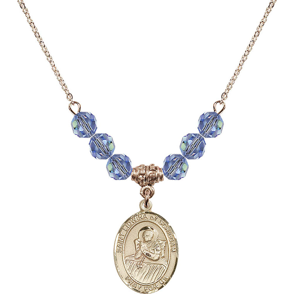 14kt Gold Filled Saint Lidwina of Schiedam Birthstone Necklace with Light Sapphire Beads - 8297