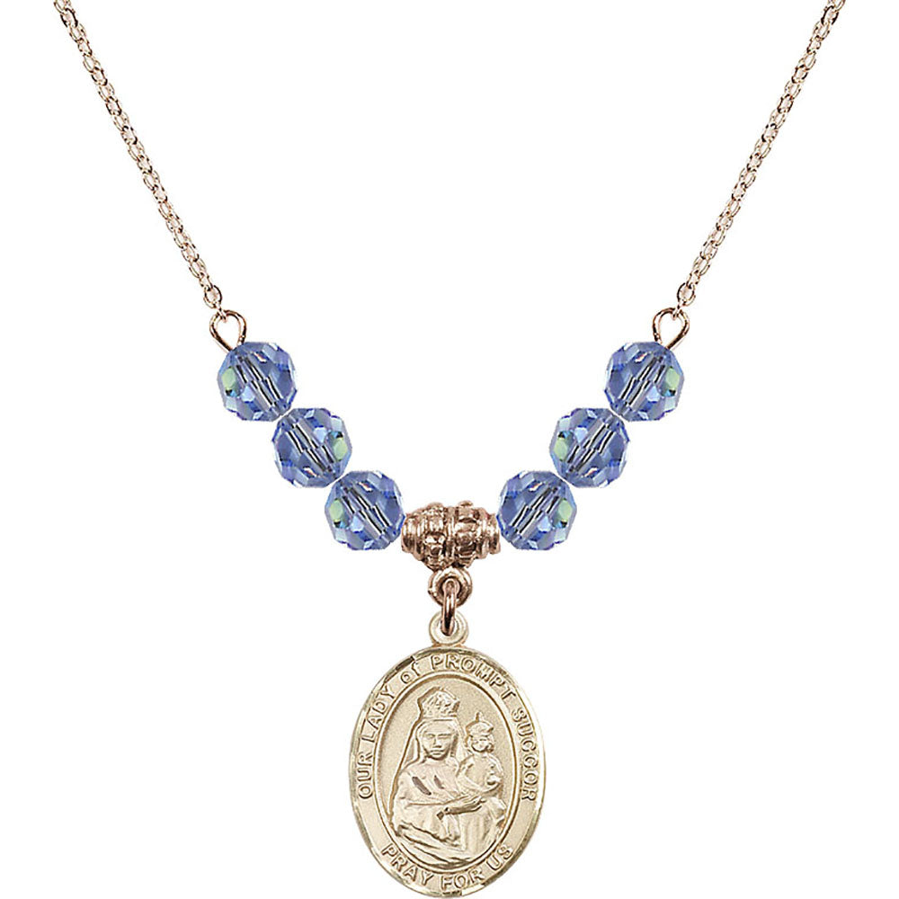 14kt Gold Filled Our Lady of Prompt Succor Birthstone Necklace with Light Sapphire Beads - 8299