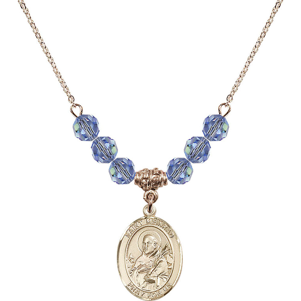 14kt Gold Filled Saint Meinrad of Einsiedeln Birthstone Necklace with Light Sapphire Beads - 8307