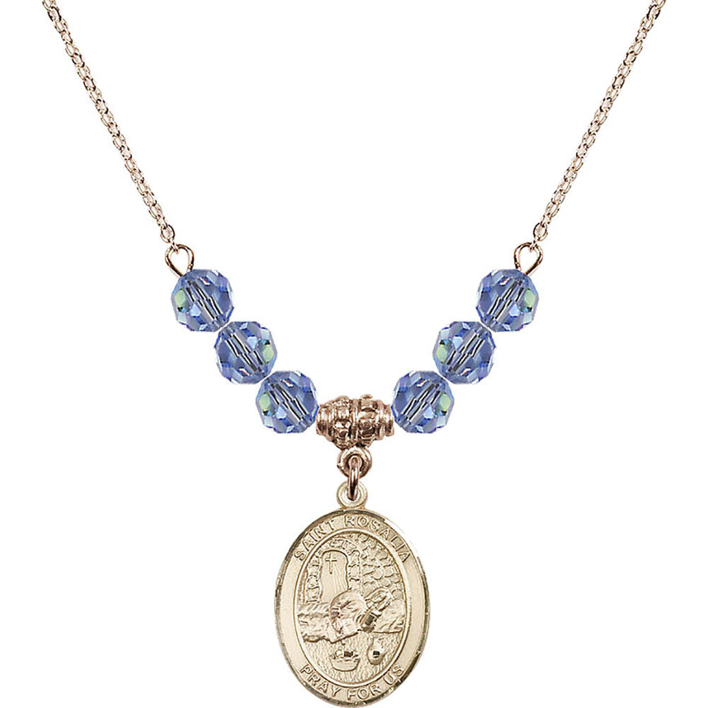 14kt Gold Filled Saint Rosalia Birthstone Necklace with Light Sapphire Beads - 8309