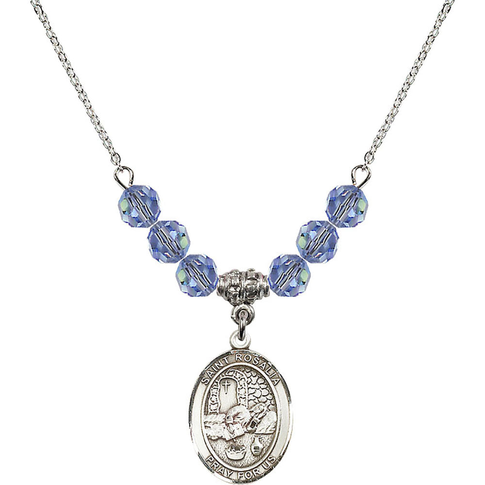 Sterling Silver Saint Rosalia Birthstone Necklace with Light Sapphire Beads - 8309