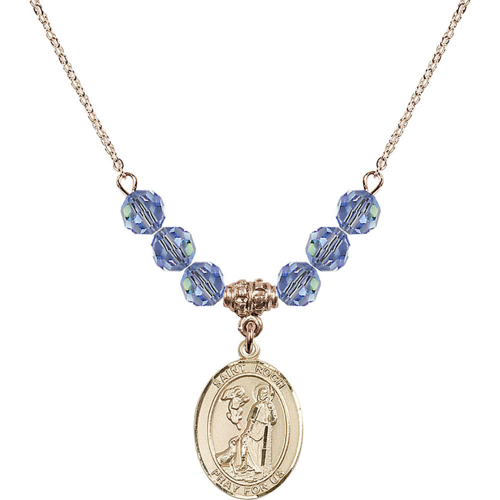 14kt Gold Filled Saint Roch Birthstone Necklace with Light Sapphire Beads - 8310