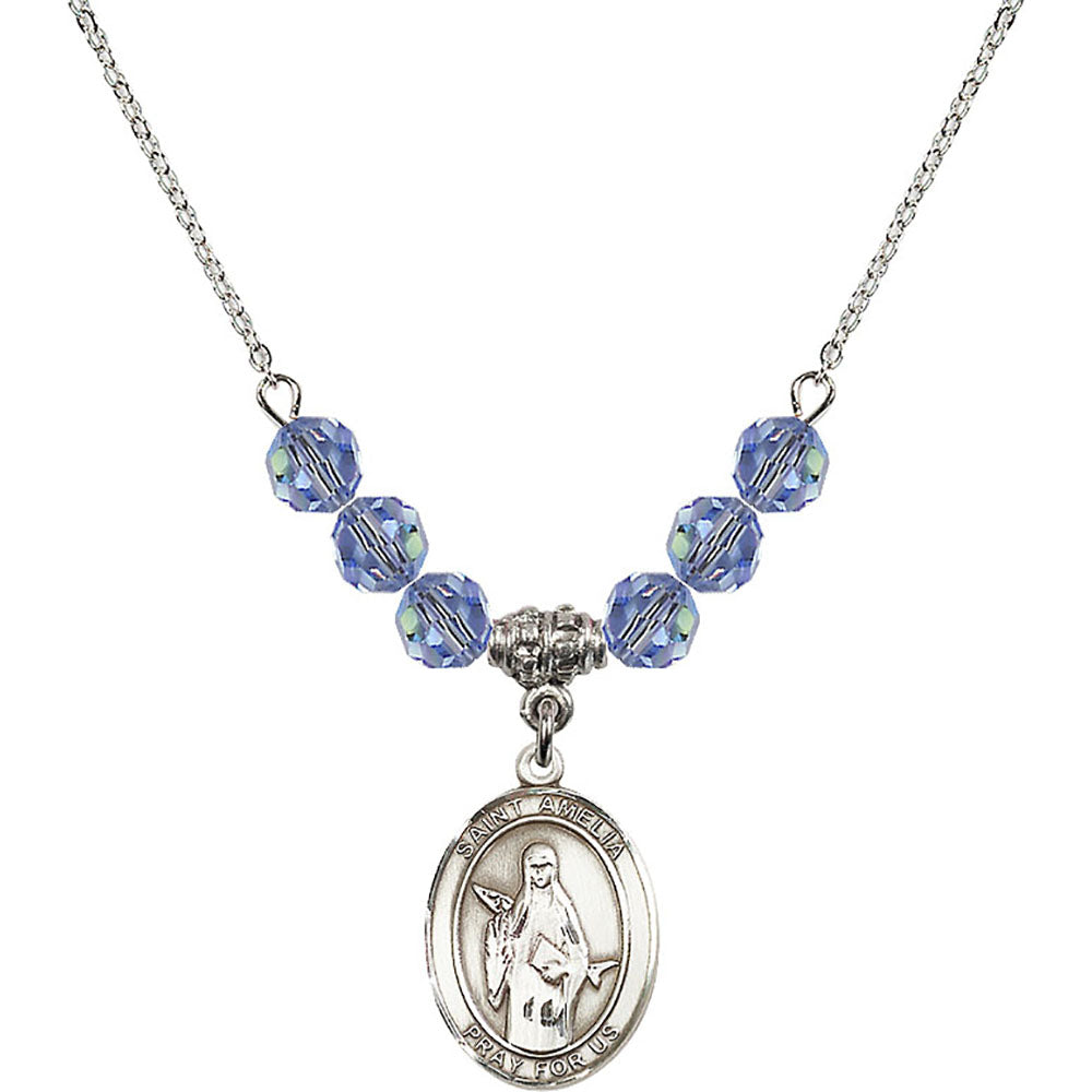 Sterling Silver Saint Amelia Birthstone Necklace with Light Sapphire Beads - 8313