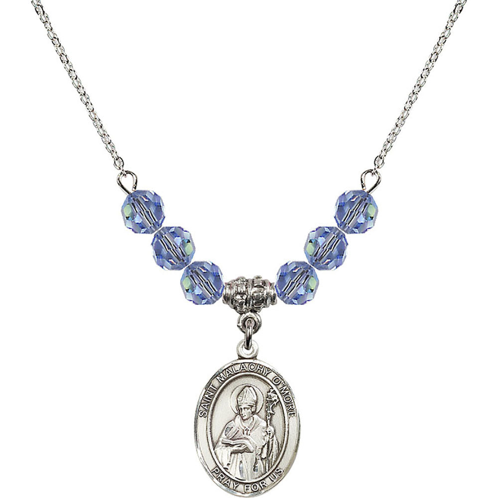 Sterling Silver Saint Malachy O'More Birthstone Necklace with Light Sapphire Beads - 8316