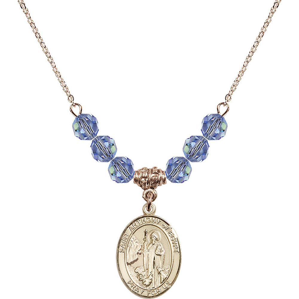 14kt Gold Filled Saint Anthony of Egypt Birthstone Necklace with Light Sapphire Beads - 8317