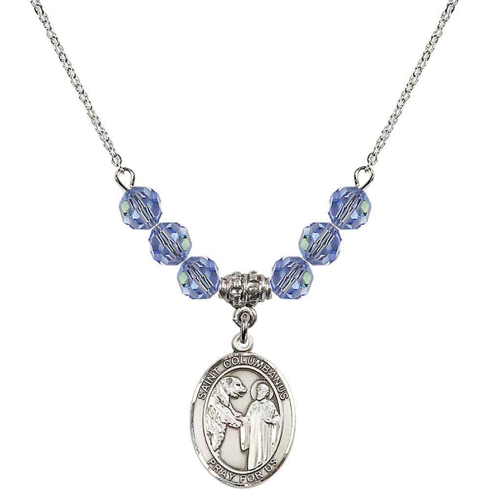 Sterling Silver Saint Columbanus Birthstone Necklace with Light Sapphire Beads - 8321