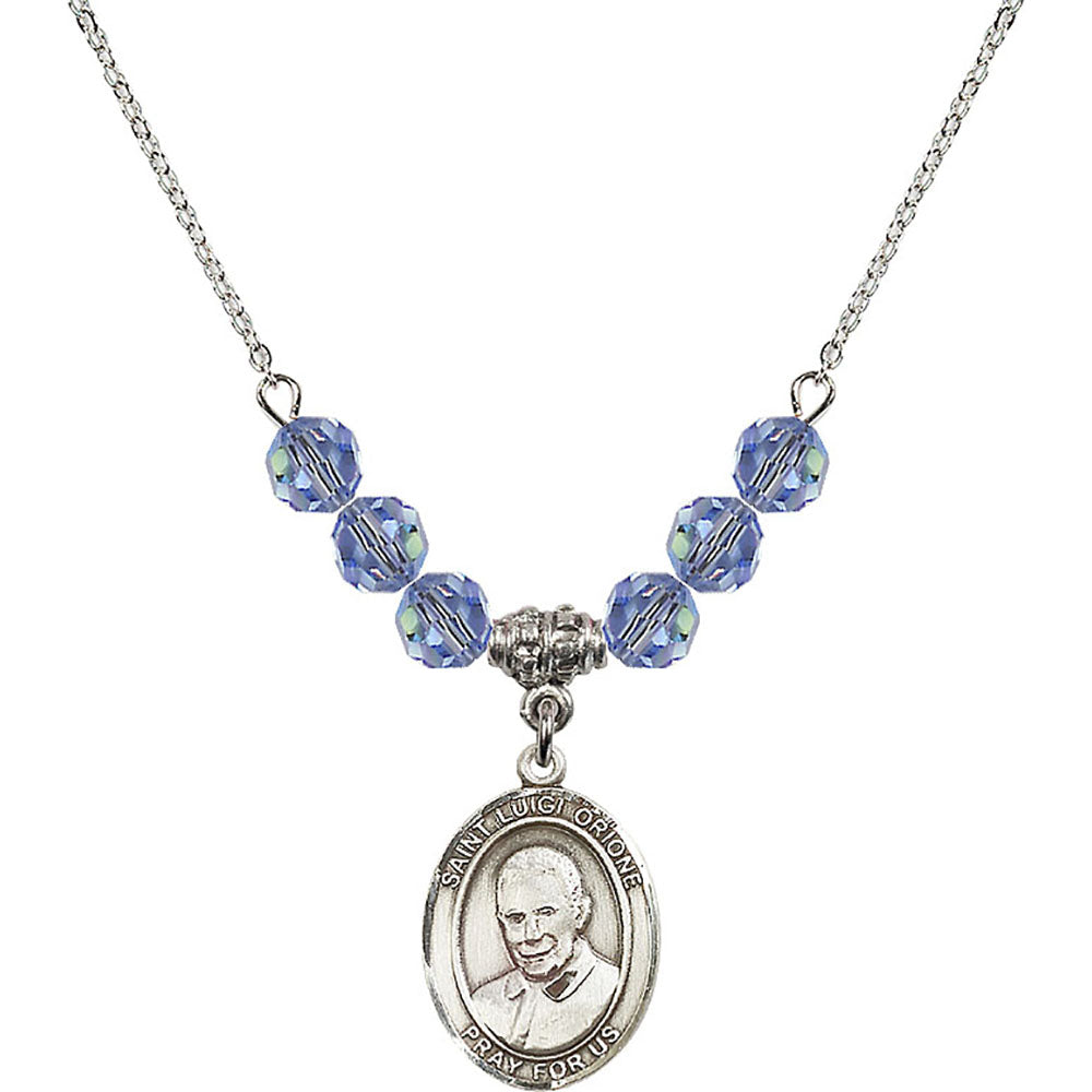 Sterling Silver Saint Luigi Orione Birthstone Necklace with Light Sapphire Beads - 8326