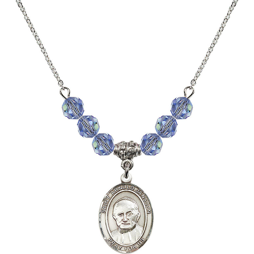 Sterling Silver Saint Arnold Janssen Birthstone Necklace with Light Sapphire Beads - 8328