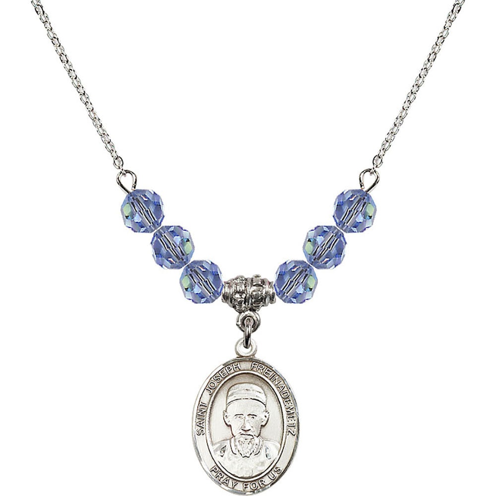 Sterling Silver Saint Joseph Freinademetz Birthstone Necklace with Light Sapphire Beads - 8329