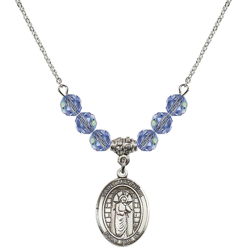 Sterling Silver Saint Matthias the Apostle Birthstone Necklace with Light Sapphire Beads - 8331
