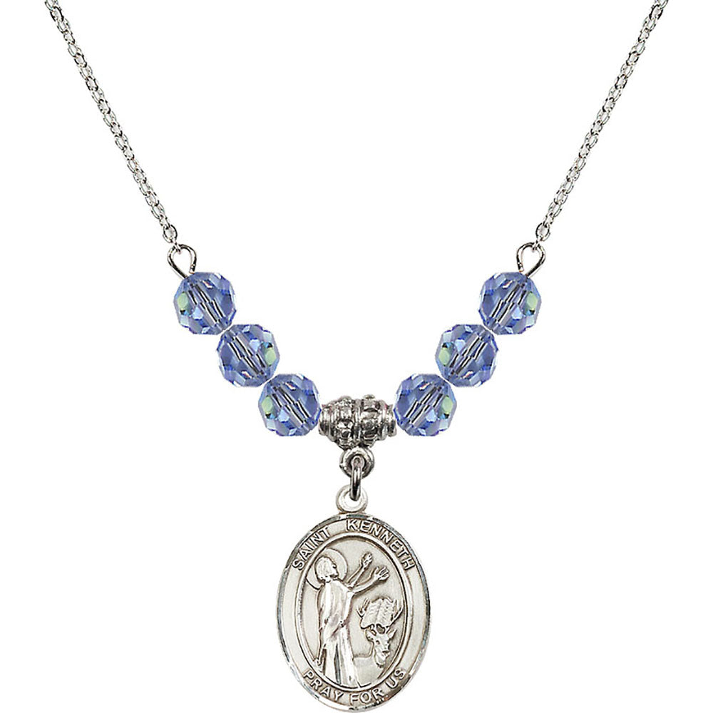 Sterling Silver Saint Kenneth Birthstone Necklace with Light Sapphire Beads - 8332
