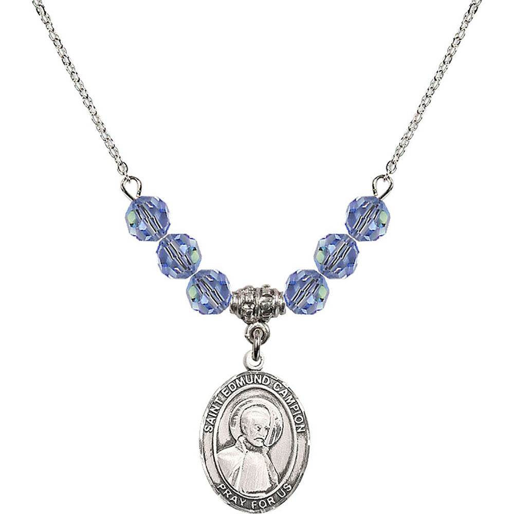 Sterling Silver Saint Edmund Campion Birthstone Necklace with Light Sapphire Beads - 8333