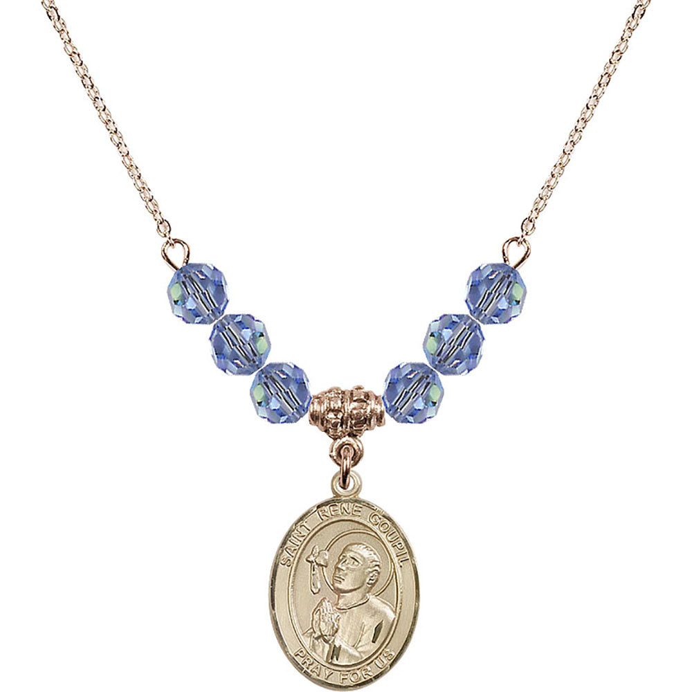 14kt Gold Filled Saint Rene Goupil Birthstone Necklace with Light Sapphire Beads - 8334