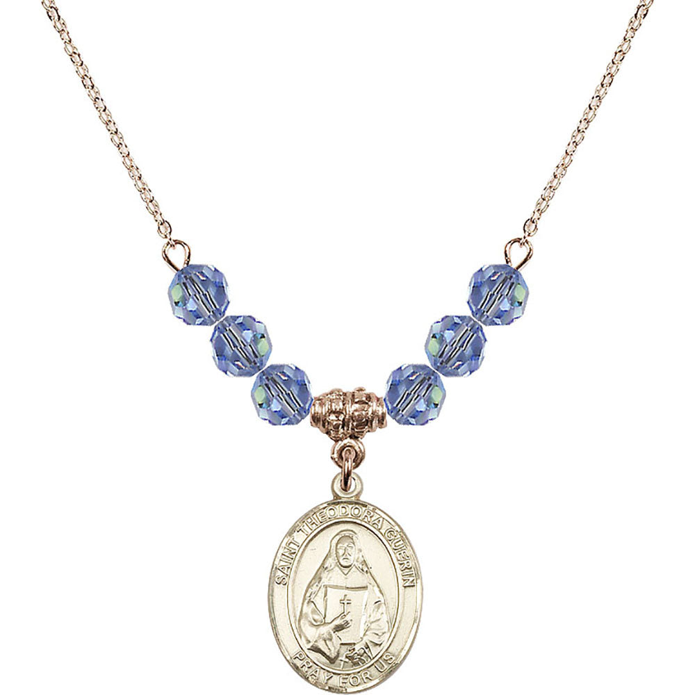 14kt Gold Filled Saint Theodora Birthstone Necklace with Light Sapphire Beads - 8382