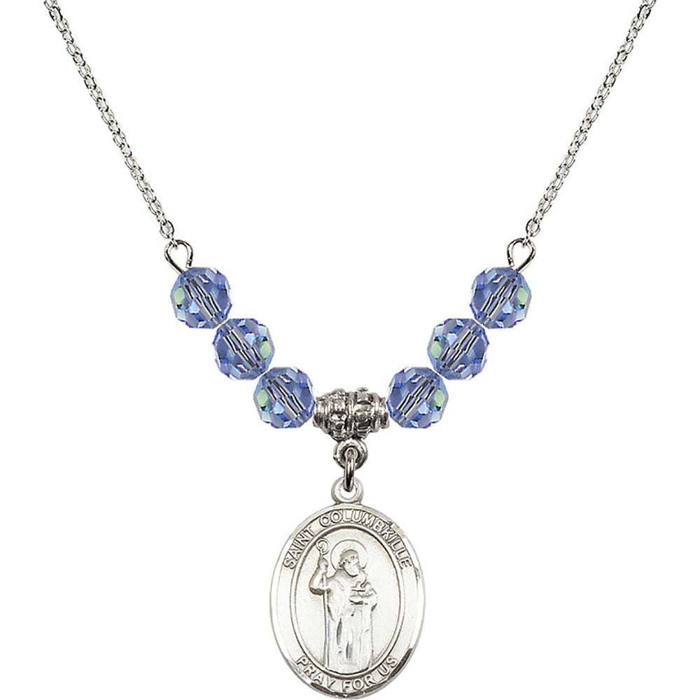 Sterling Silver Saint Columbkille Birthstone Necklace with Light Sapphire Beads - 8399