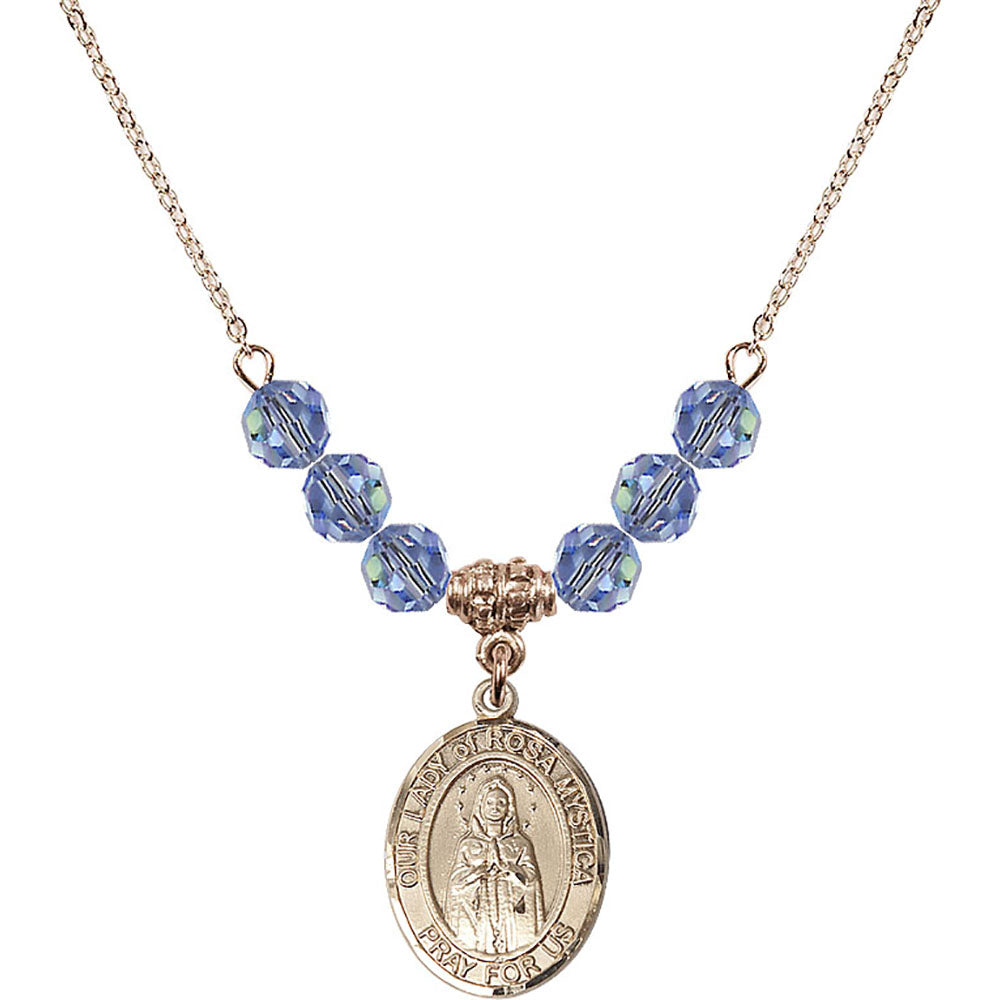 14kt Gold Filled Our Lady of Rosa Mystica Birthstone Necklace with Light Sapphire Beads - 8413